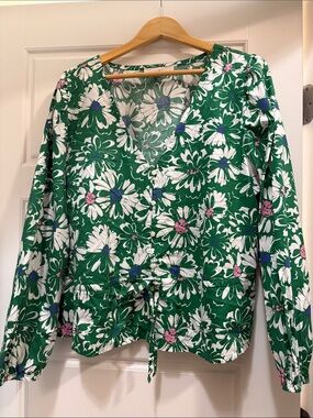 LOFT Green Floral Button-Front Tie-Waist Blouse